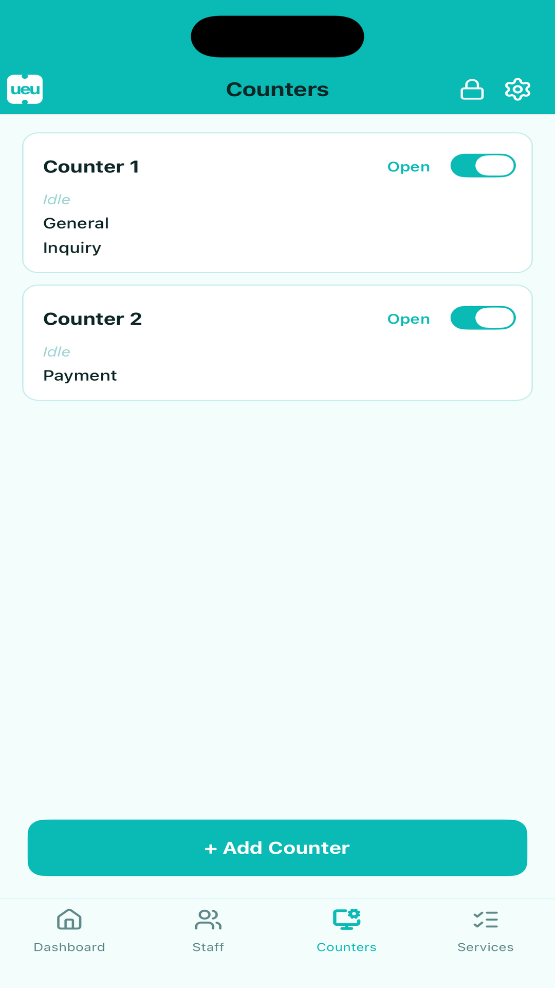 UEU counters screen showing Counter 1 and Counter 2 with open toggles and service labels.