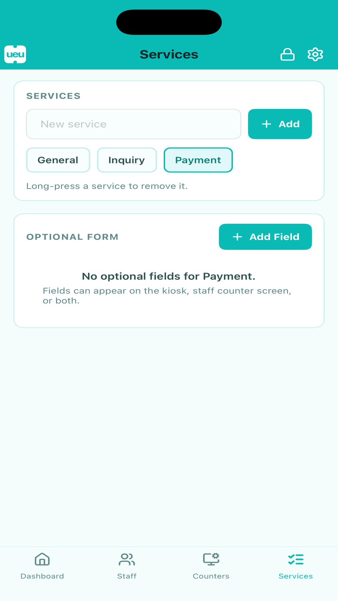 UEU services screen showing General, Inquiry, and Payment services with an optional form section.